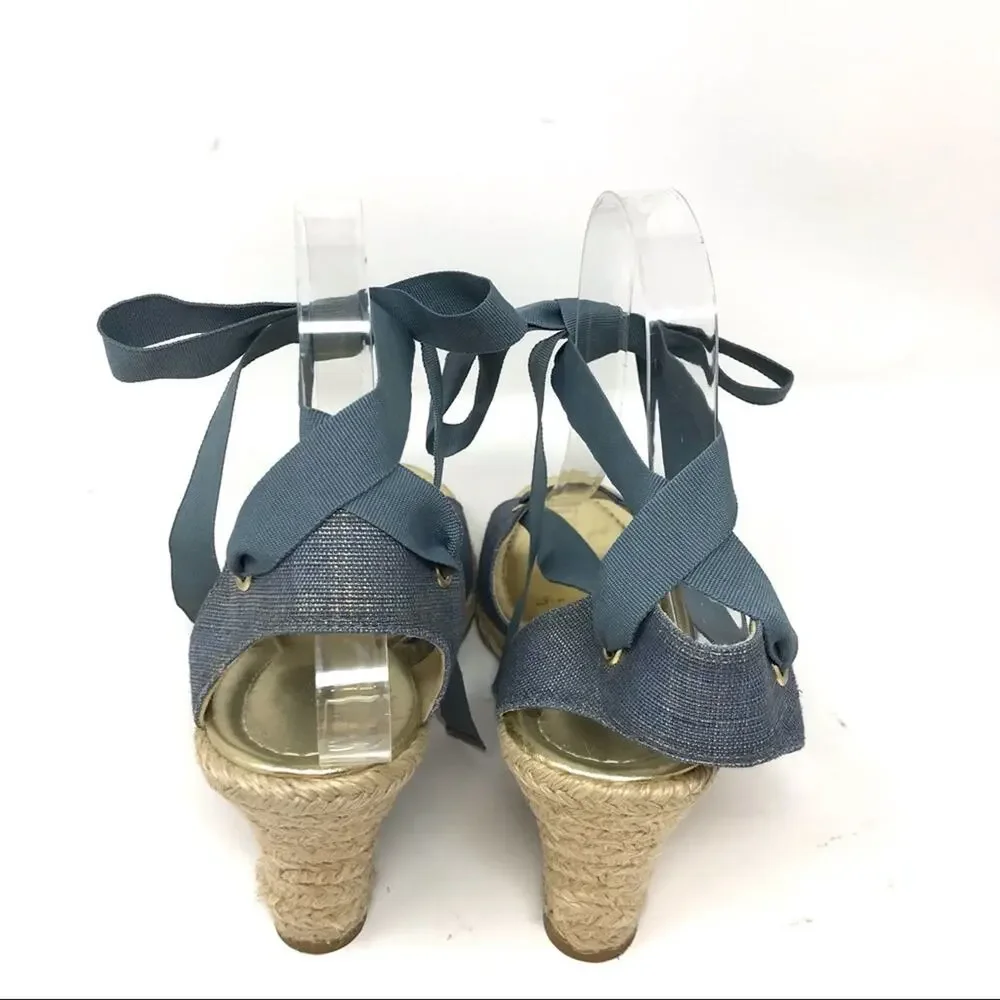 Antonio Melani-7 1/2-“Ariel” Blue Metallic Ankle Wrap Espadrille Wedge Sandals
